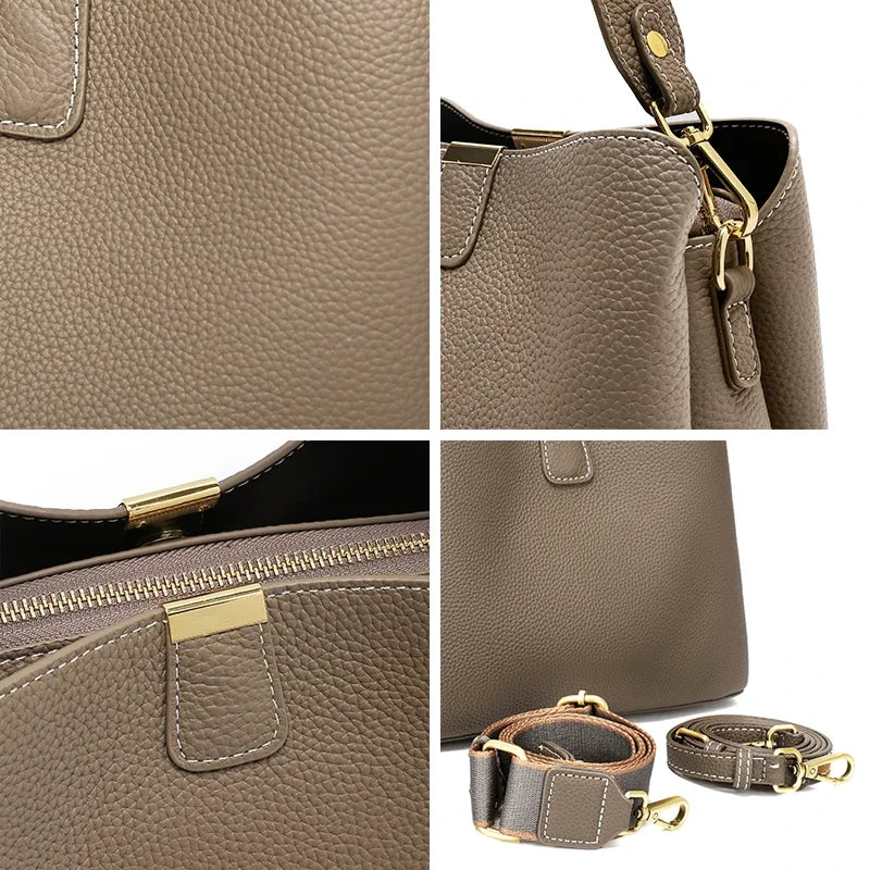 Genuine Cowhide Leather Bucket Bag for Women Luxury Designer Mini Top Handle Crossbody Shoulder Bag with Wide Strap Tote Bag