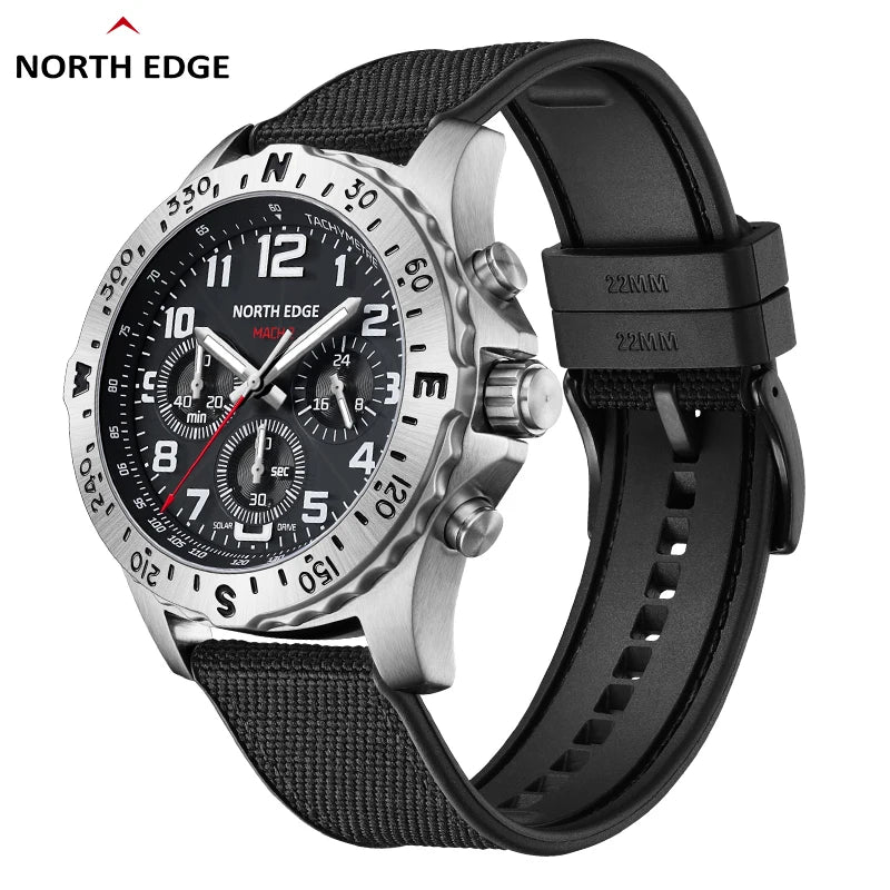 NORTH EDGE MACH 2 Men’s Solar Quartz Pilot Watch 316 Steel Waterproof WR50M