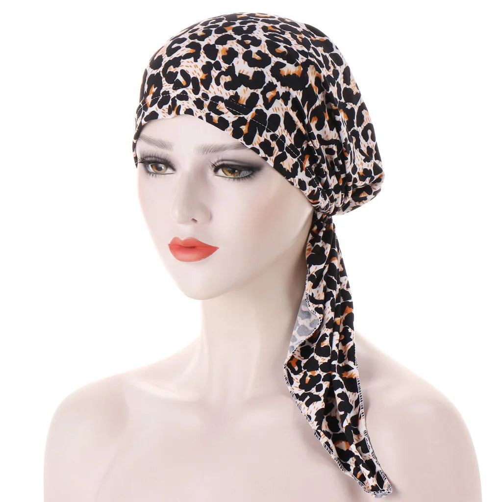 Trendy Print Women Muslim Hijab Caps Wrap Head Soft Elastic Long Tail Turban Bonnet Fashion Headdress Wearable