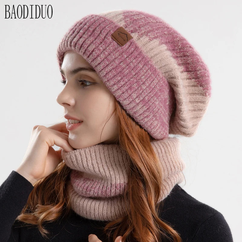 Xinbaoguan 100% acrylic 9971 winter thick and warm ear protection woolen hat with velvet scarf two-piece set knitted hat