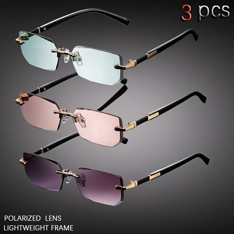3pcs Fashion Cool Frameless Rectangular Small Frame Metal Glasses for Men, Casual Business School Party Vacation Driving