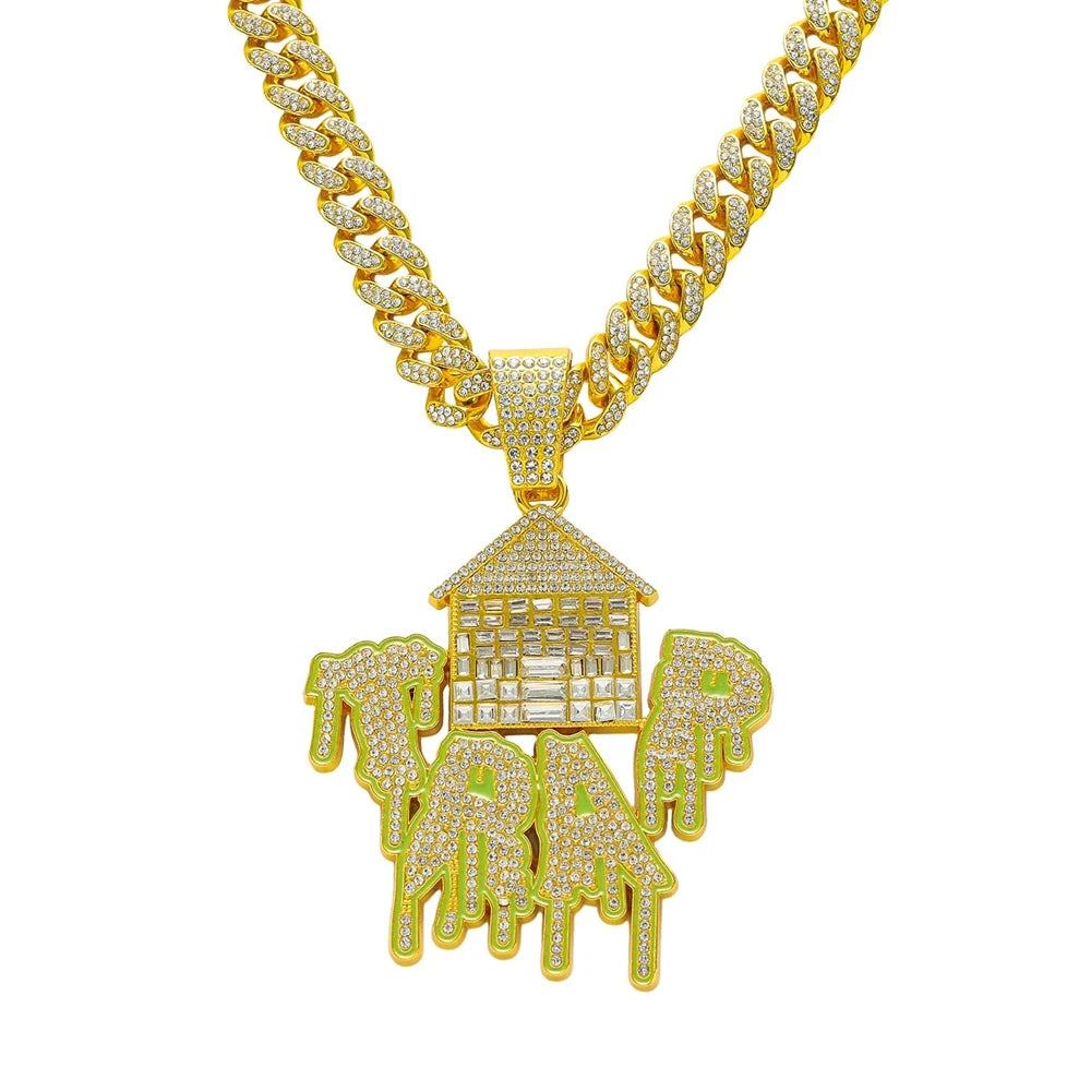 New Men's Exaggerated Trap House Pendant Cuban Necklace Hip Hop Style Iced Out Rhinestone House Letter Necklaces Charm Jewelry