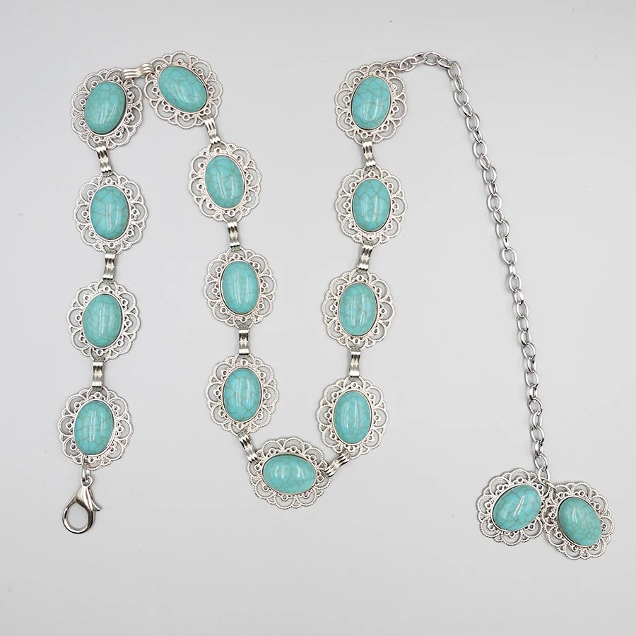 Bohemian Vintage Women's Belt - Carved Turquoise Waist Chain for Dresses, Holiday & Date Night Accessories