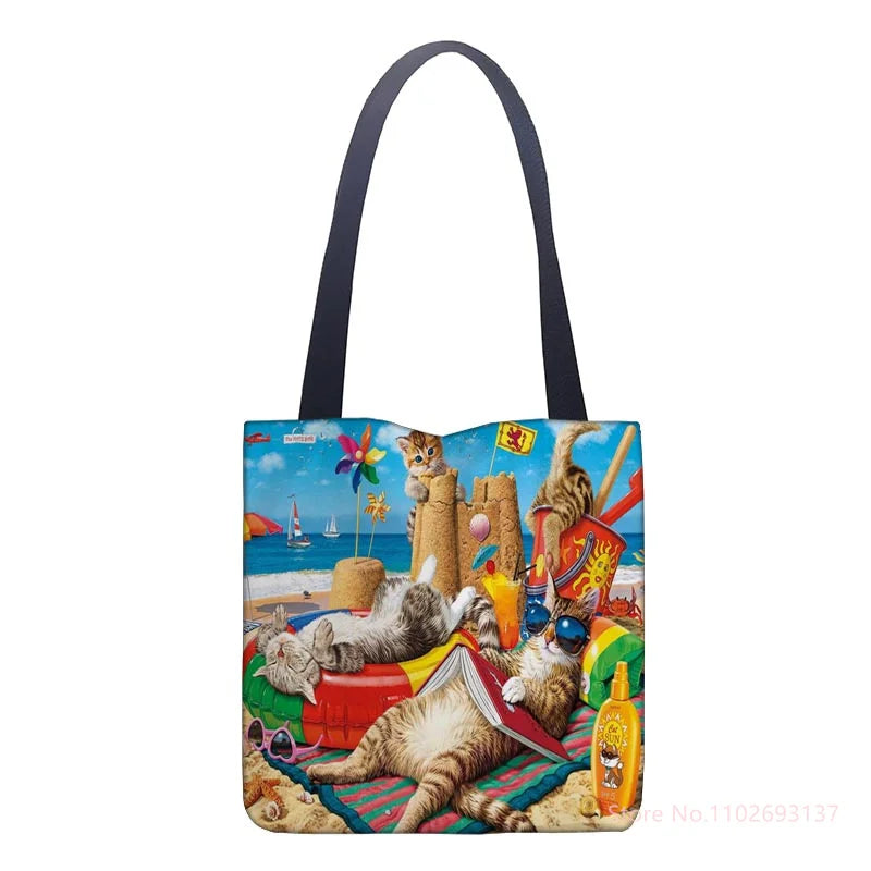 Oil Painting Cat Shopping Bag Eco Reusable Female Tote Bag College Retro Handbag