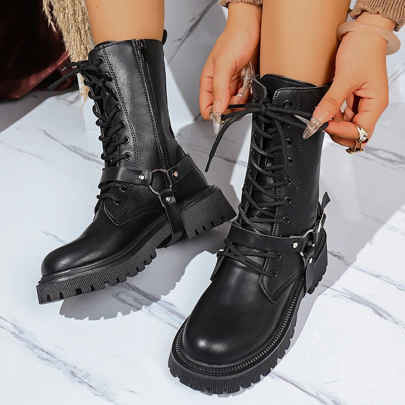 Fashion Belt Buckle Platform Mid Calf Boots Women Black Zipper Thick Sole Motorcycle Boots Woman Punk Pu Leather Botas Mujer