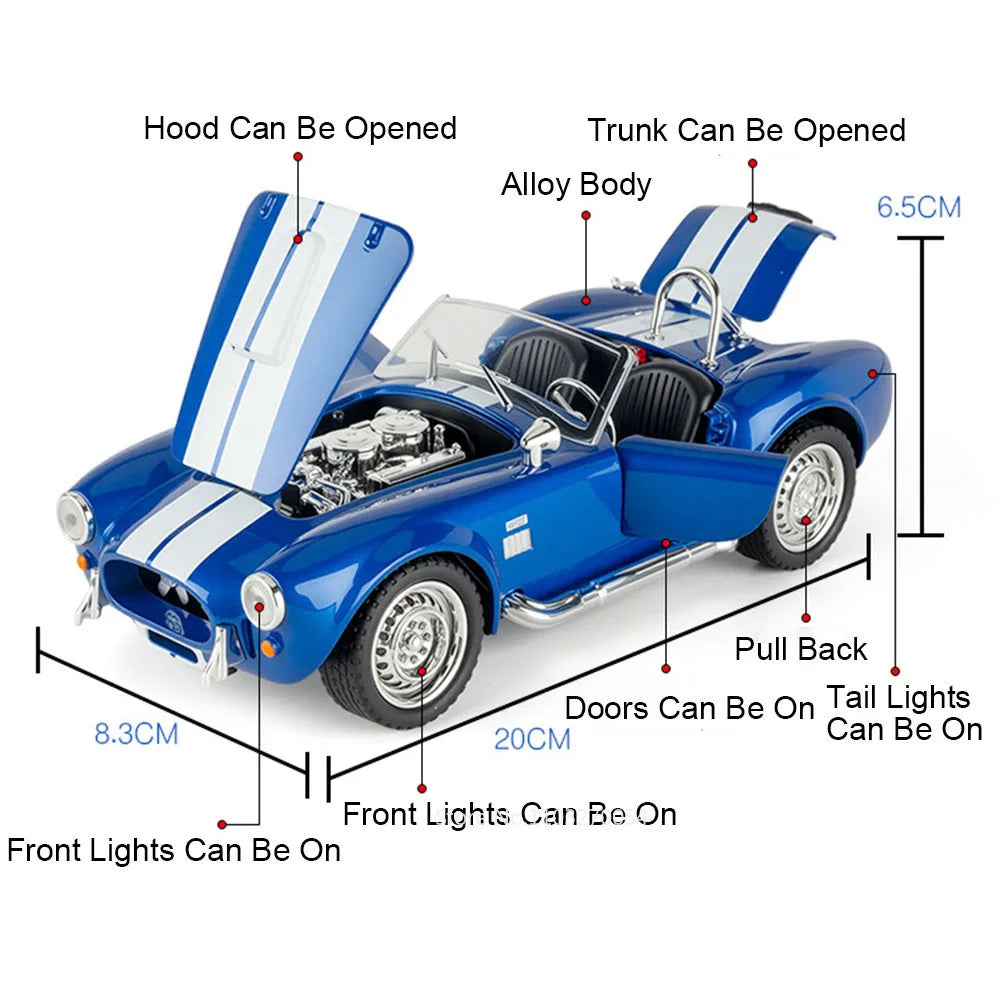 1:22 Shelby Cobra Alloy Diecast Sports Car Model Toys Four Wheel Suspension Sound Light Pull Back Miniature Vehice Birthday Gift