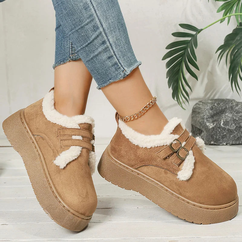 Thick Sole Plush Winter Cotton Shoes Women Fashion Buckle Non Slip Platform Snow Boots Woman Warm Fleece Lining Ankle Boots 42