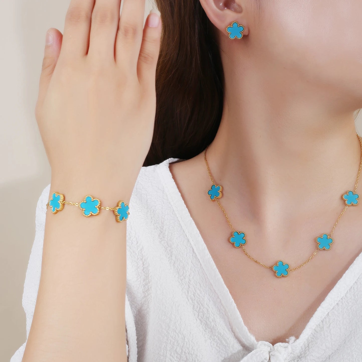 Stainless Steel Leaf Flower Clover Bracelet Jewelry Set Necklace Earrings Woman