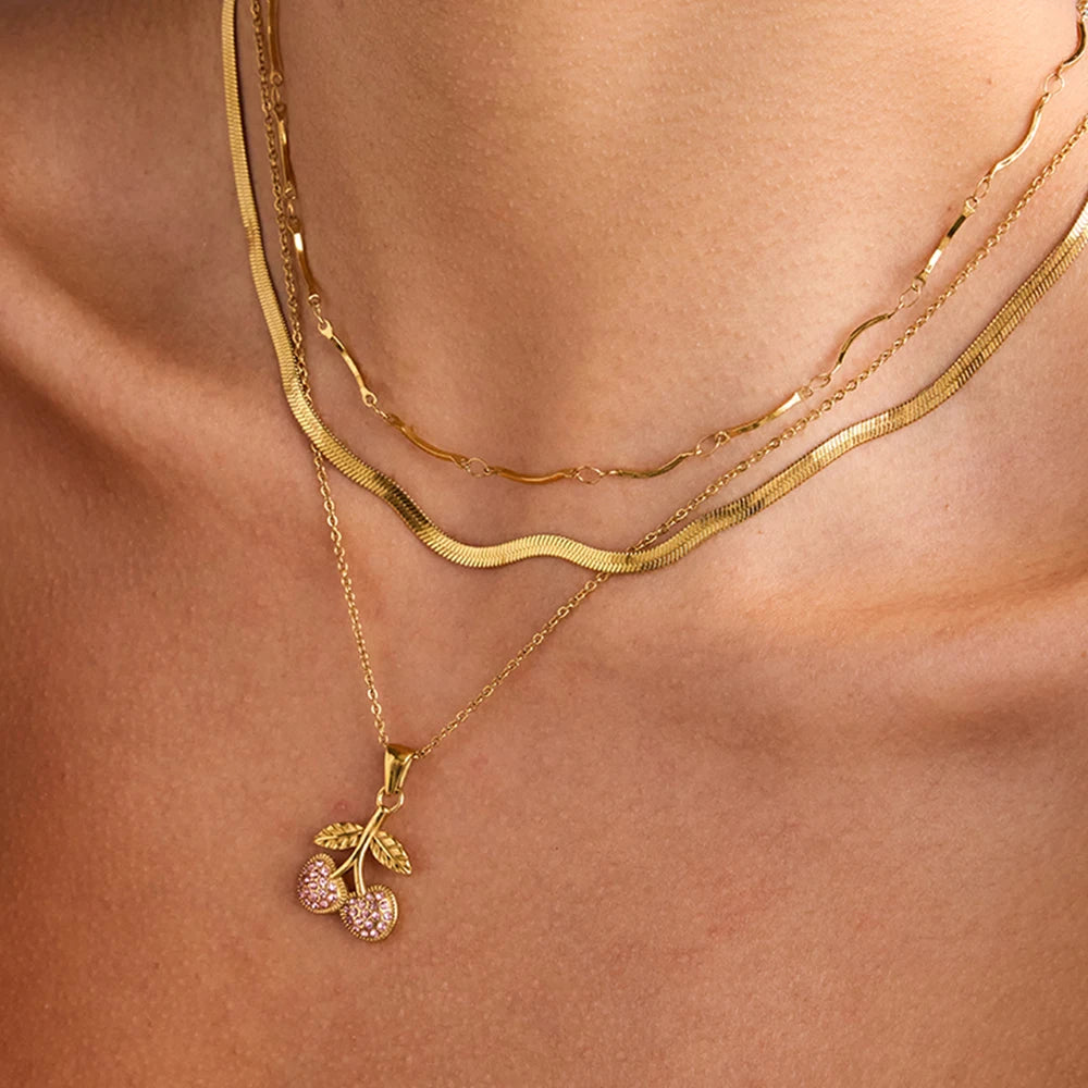Uworld Minimalist 18K Gold Color Plated Stainless Steel Pink Zircon Cherry Pendant Necklace Chain Stackable Necklace Women's Acc