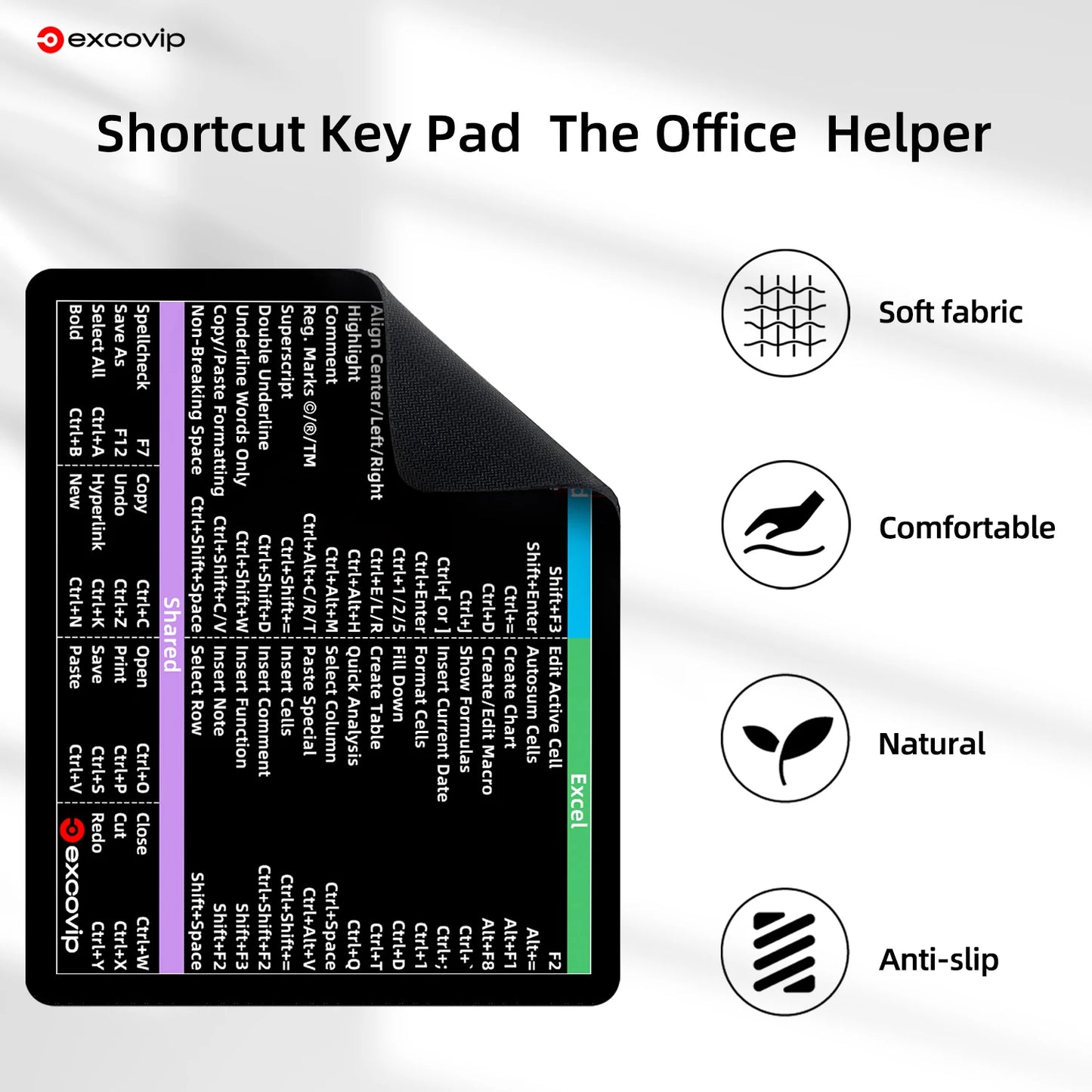EXCO Excel Word Shortcuts Mouse Pad Small Office Smooth Mousepad Portable with Non-Slip Rubber Base for Computer Laptop Home