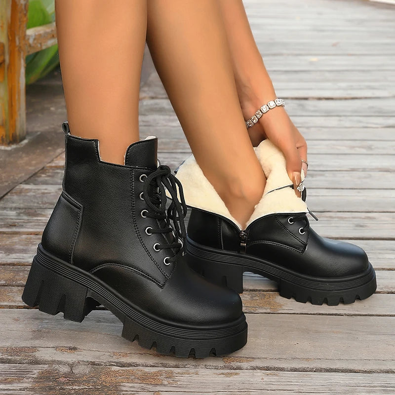Classic Chunky Platform Ankle Boots Women Lace Up Warm Thicken Plush Winter Boots Woman Thick Sole Pu Leather Motorcycle Botas