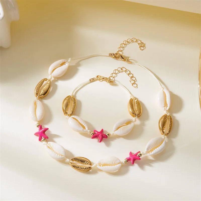 Bohemian Starfish Shell Charms Bracelet Necklace Set For Women Summer Beach Hand Woven Rope Necklace Vacation Party Jewelry Gift