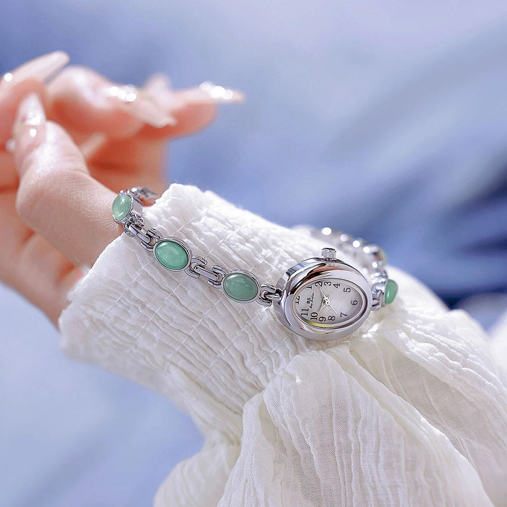 High-end Luxury Woman Watch Natural Jade Gold Bracelet Fashionable Retro Oval Quartz Ladies Dress Watches Small Dial Gold Silver