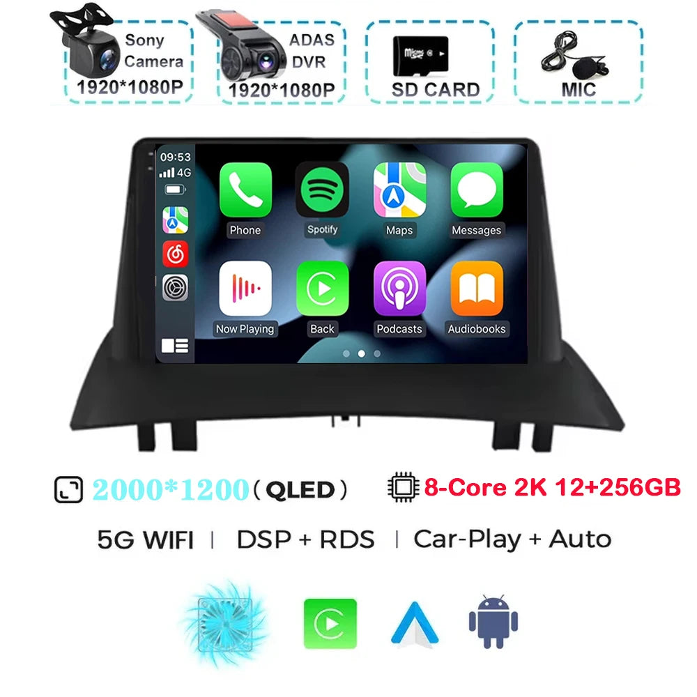 For Renault Megane 2 2002-2009 2K QLED Android 15 Android Car Radio Multimedia Video Player GPS Stereo CarPlay 4G Navigationv BT