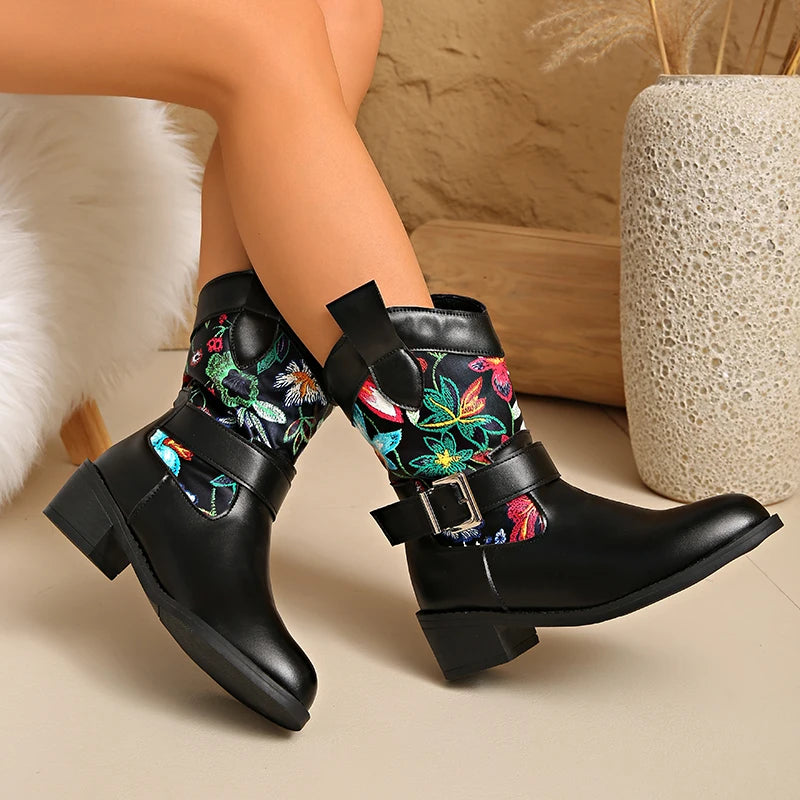 Vintage Flower Embroidery Western Boots Women Fashion Buckle Thick Heel Ankle Boots Woman Slip On Pointed Toe Short Booties 43