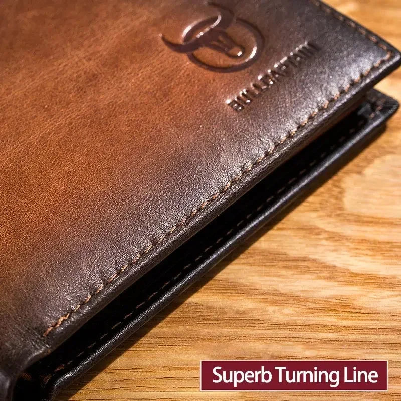 BULLCAPTAIN Men's Genuine Leather Wallet Business Retro Cash Clip RFID Multi-Card Slot Coin Purse QB05