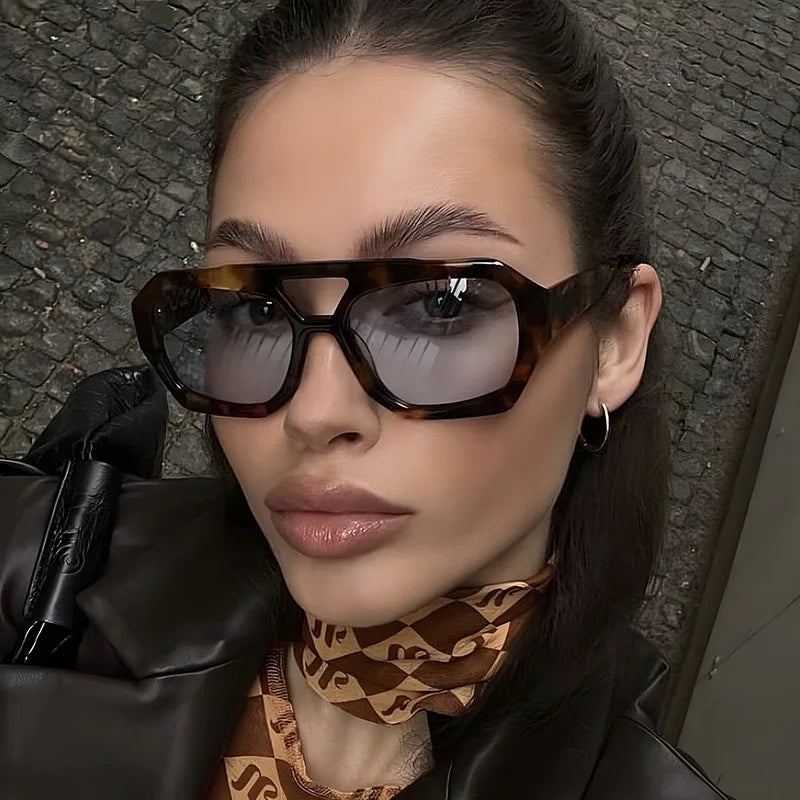 JNPCXI Vintage Square Sunglasses for Women Men Thick Frame Double Bridges Eyewear Female Fashion Polygon Sun Glasses