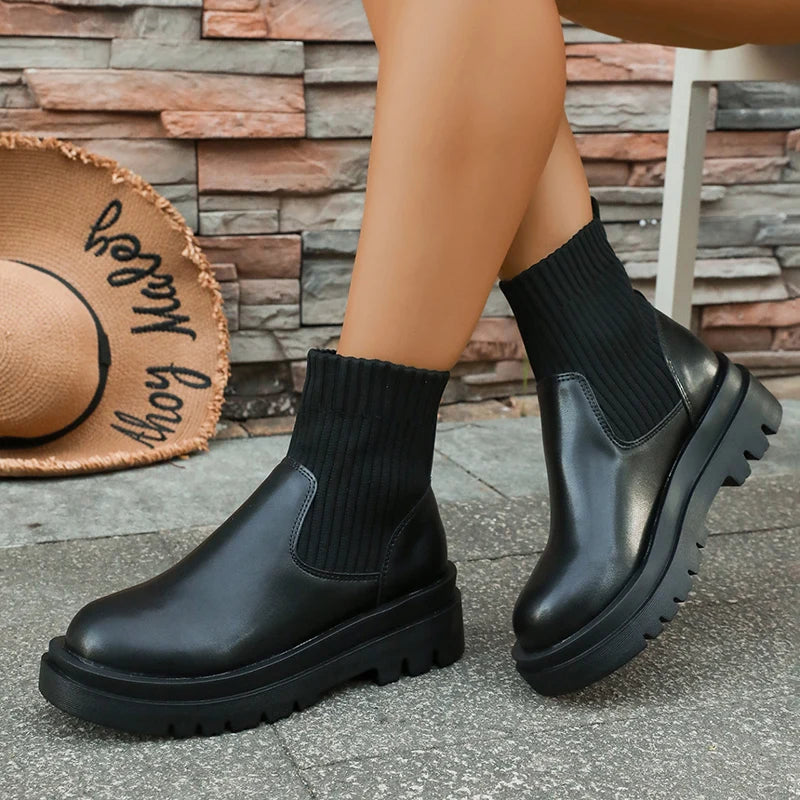 Women's Slip-On Chunky Platform Boots Knitted Patchwork Pu Leather Thick Sole Boots Woman Comfy Non Slip Chelsea Botas Mujer