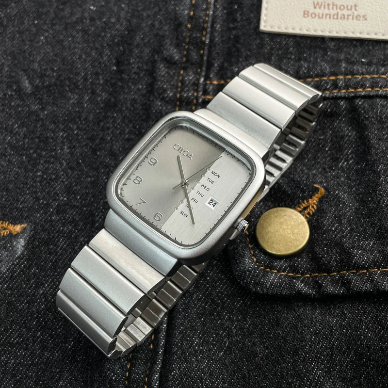 Men Silver Square Dial Year Watch, Fashion, Stainless Steel Strap, Waterproof