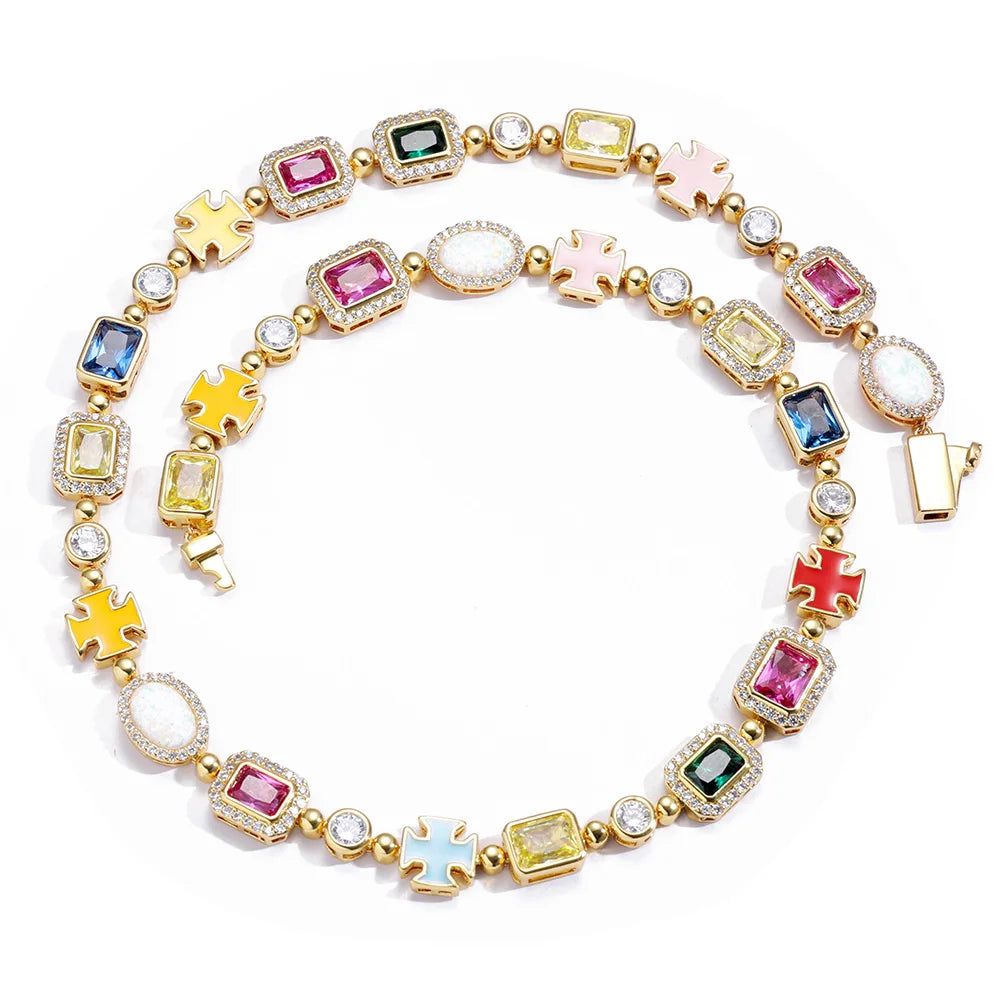 NY Big Gemstone Cross Necklace 10mm Multicolor Enamel Opal Chain Iced Out Jewels