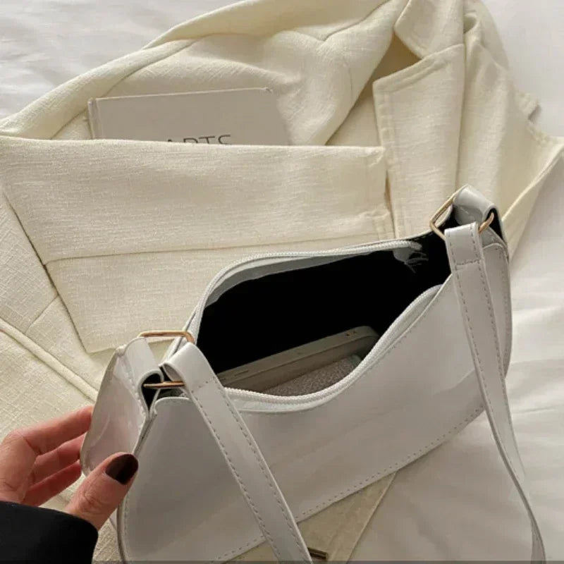 Women's White Patent Leather Versatile Shoulder Casual Bag Zipper Handbags