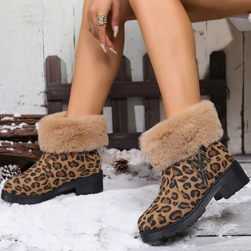Fashion Leopard Print Faux Fur Ankle Boots Women Zipper Decor Thick Heels Winter Boots Woman Non Slip Warm Plush Short Booties