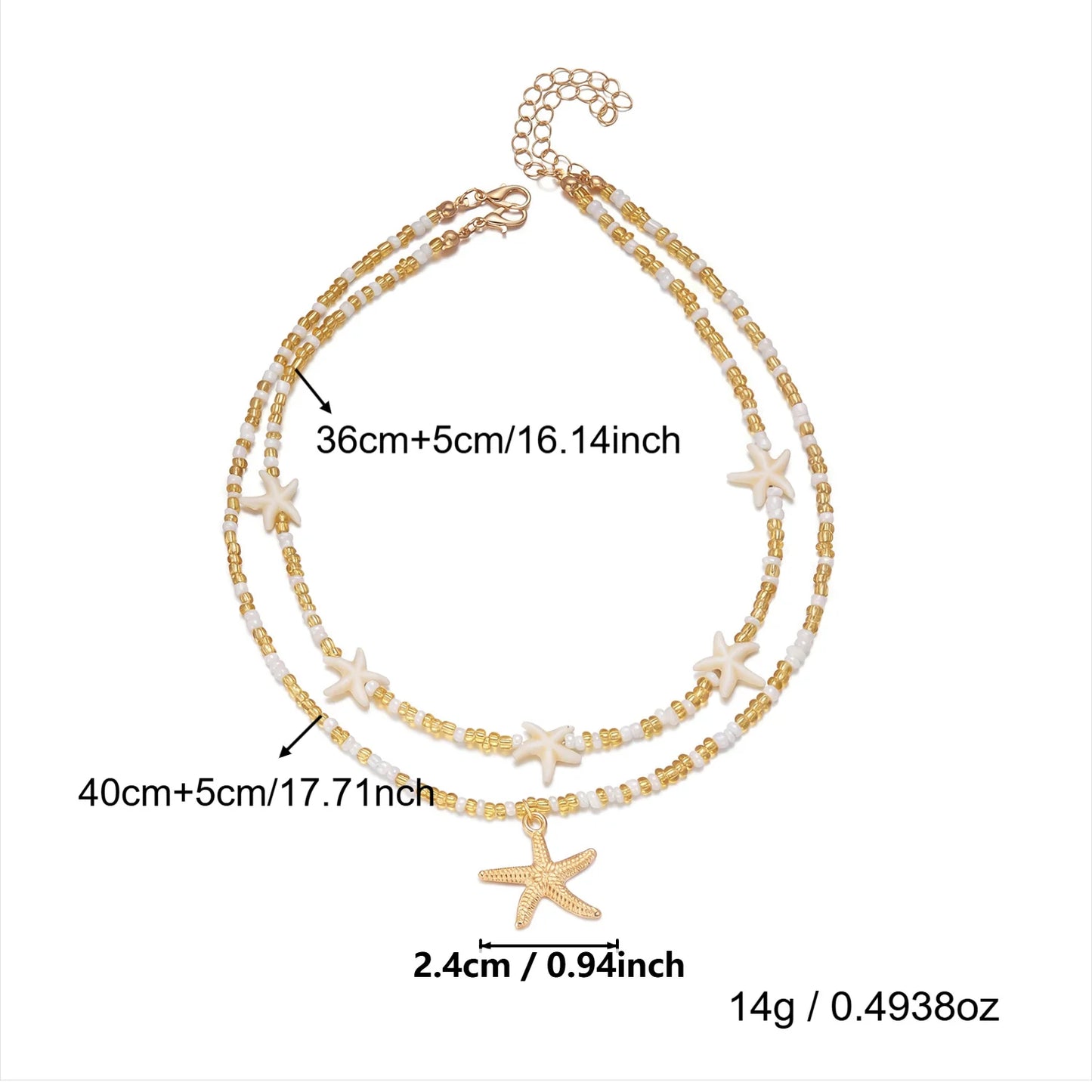 2Pcs/Set Summer Starfish Seed Bead Necklace For Women Bohemian Handmade Colorful Choker Beach