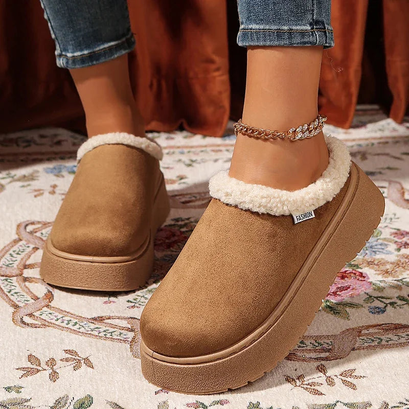 2025 New Faux Suede Fur Slippers Women Winter Slip On Non Slip Thick Sole Snow Boots Woman Warm Thicken Plush Cotton Shoes 36-41