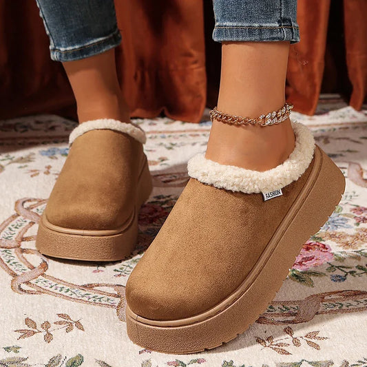 2025 New Faux Suede Fur Slippers Women Winter Slip On Non Slip Thick Sole Snow Boots Woman Warm Thicken Plush Cotton Shoes 36-41
