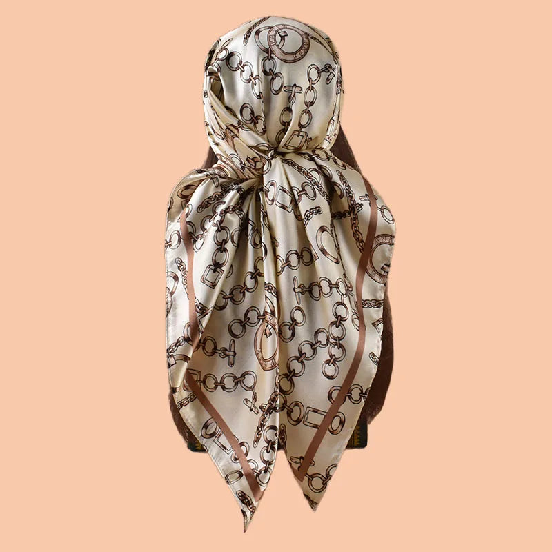 1PCS Ladies Multicolor Chain Pattern Tussah Silk Square Scarf Fashionable Wrap Headscarf for Travel Evening Party