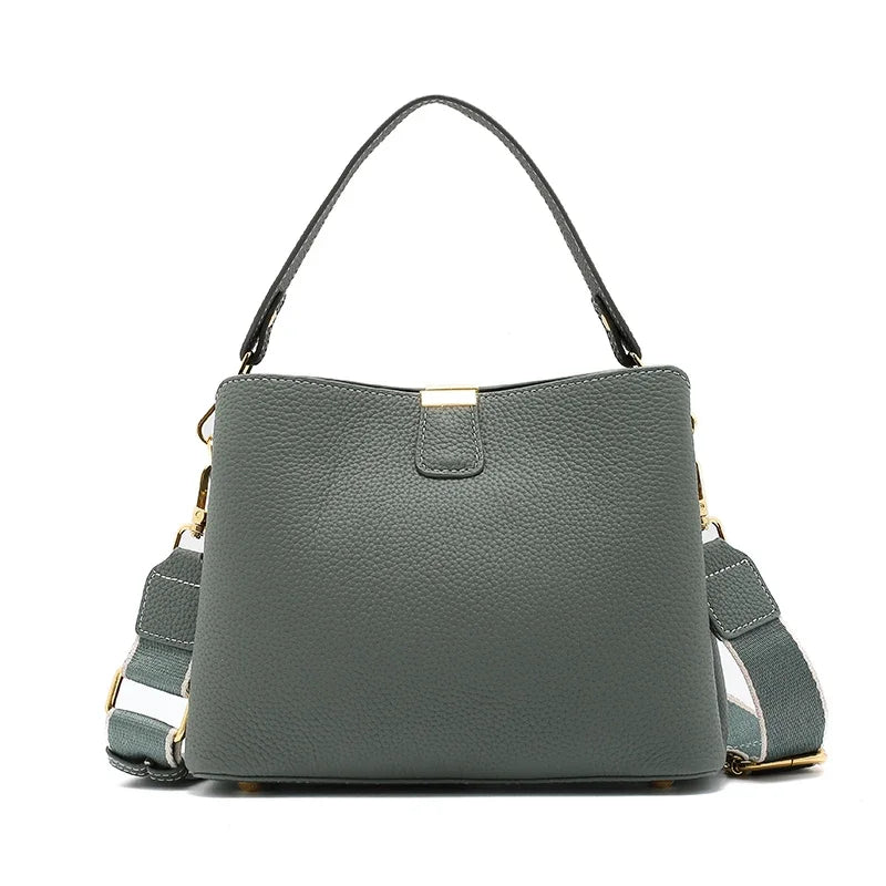 Genuine Cowhide Leather Bucket Bag for Women Luxury Designer Mini Top Handle Crossbody Shoulder Bag with Wide Strap Tote Bag