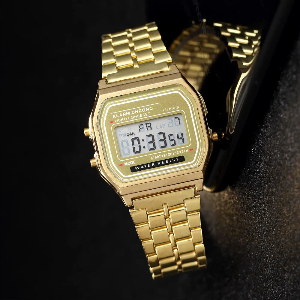 Women Men Sports Waterproof Bracelet Clock Gold Electronic LED Casual Wristwatch