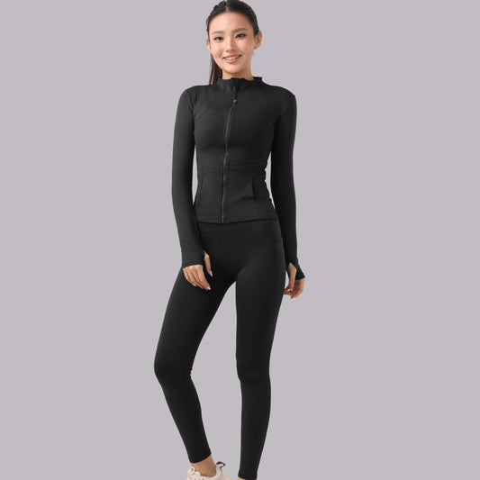 New Yoga Set: Stand Collar Zipper Slim-Fit Layering Sports Two-Piece with Thumb Holes