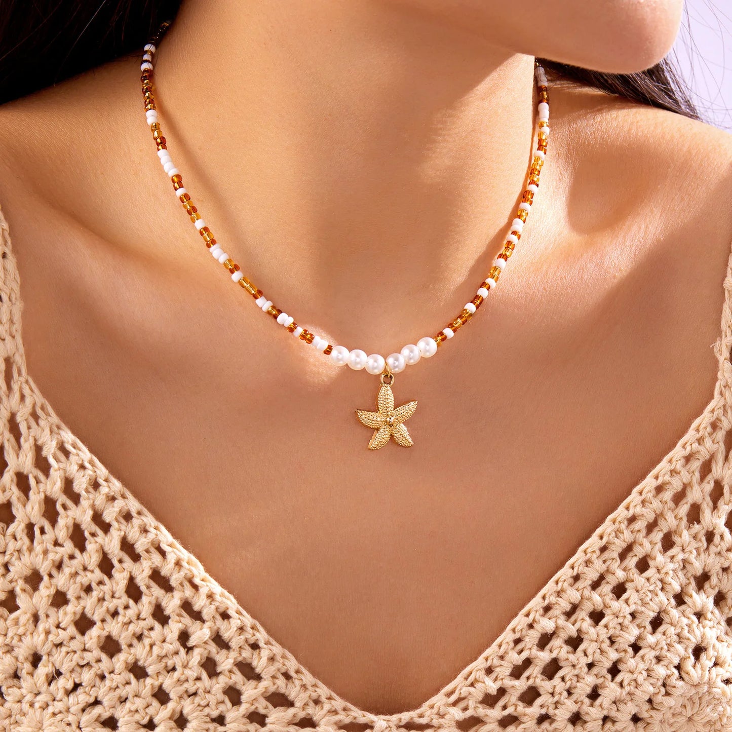 Boho Cute Starfish Shell Rice Beads Necklace for Women Summer Beach Sexy Short Choker Neck Chain Jewelry Vacation Accessories