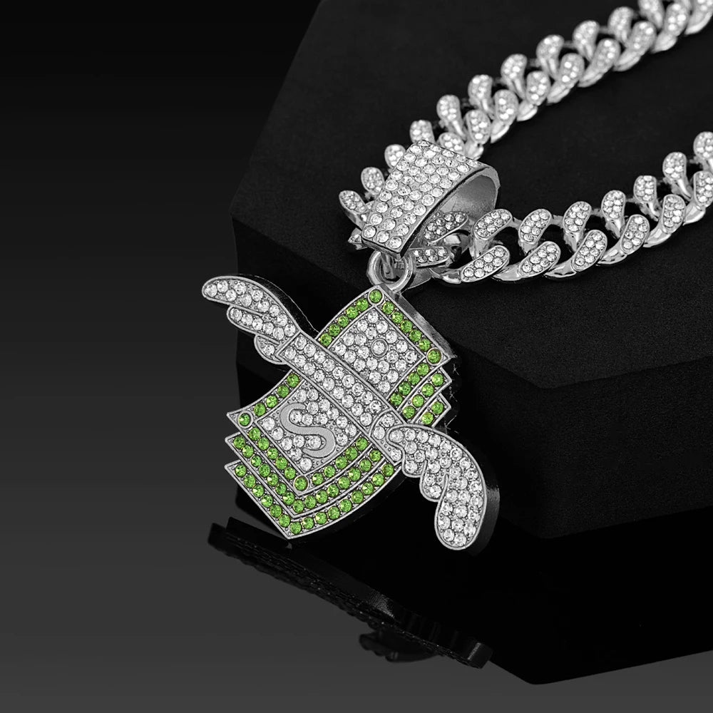 Mens Hip Hop Wings Cash Pendant Money Dollar Symbol Necklace with 20 Inch Miami Cuban Chain Necklace for Men Rapper Jewelry Gift