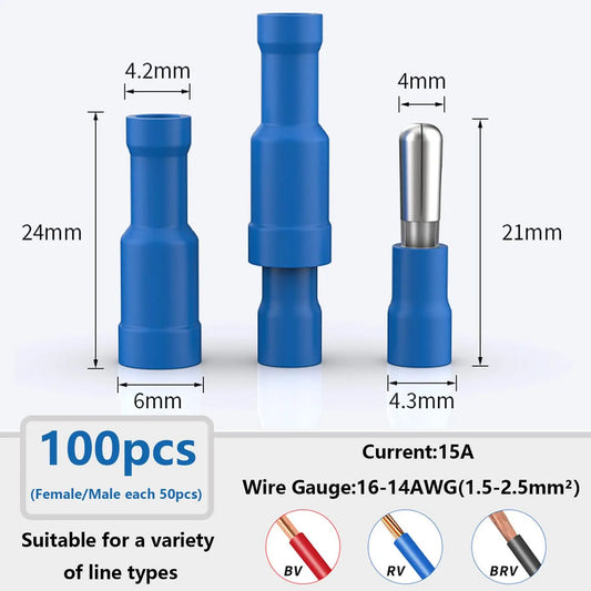 100Pcs Blue Bullet Connectors 16-14AWG Female & Male Bullet Butt Connector for Automotive, Boat, Stereo, Industrial Equipment
