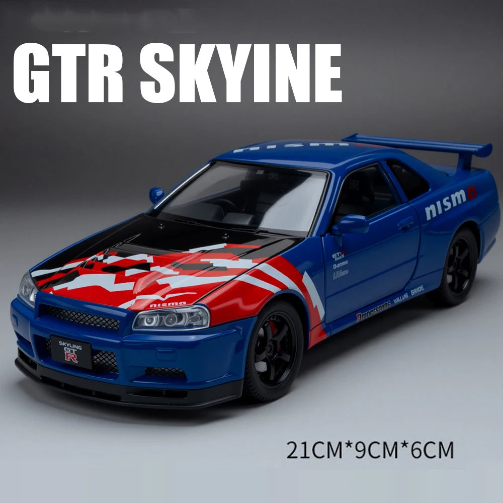 1:24 GTR-R34 SKYLINE Diecast Alloy Models Toys Car with Pull Back Doors Opened rubber tires Miniature Sportscar Collecting Hobby