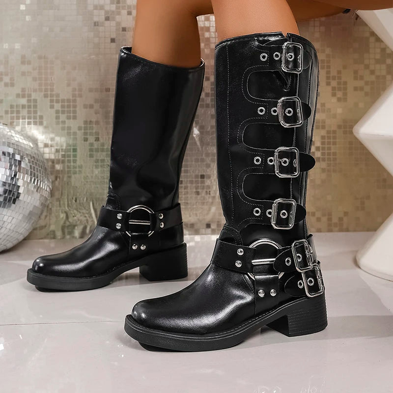 Fashion Buckle Platform Motorcycle Boots Women Plus Size 43 Thick Heels Punk Knee High Boots Woman Pu Leather Goth Long Botas