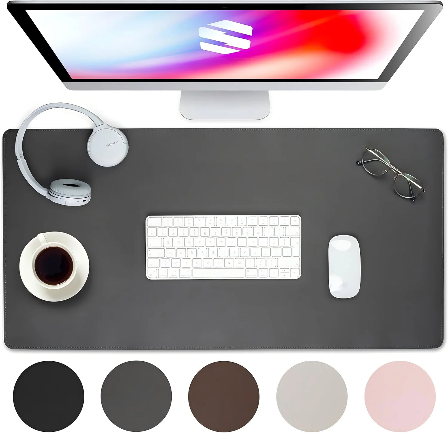 Stitched Edges PU Leather Office Desk Mat, Non-Slip Mouse Pad, Waterproof Desk Pad Protector for School Office Home