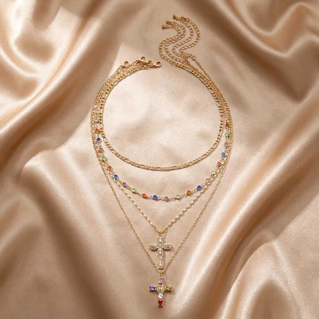 Boho Layered Gold Color Chain Necklace for Women Colorful Crystal Cross Pendant Choker Aesthetics Y2K Trend Jewelry Party Gift