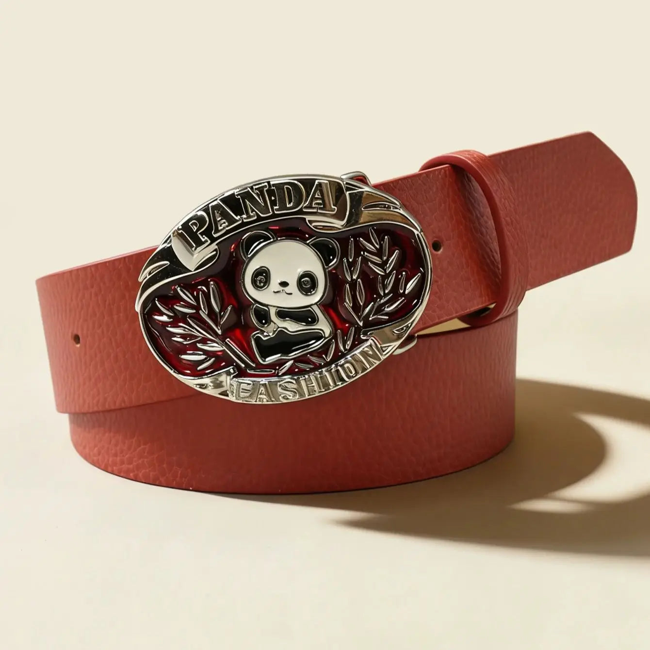 Cute Panda Buckle Red Belt Playful Lychee Texture Unisex Waistband Retro Decorative Waist Cinch