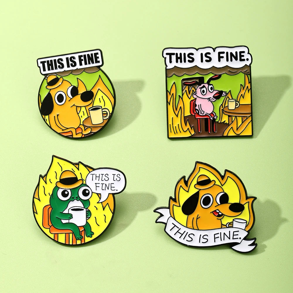 4PCS Yellow Anime Cartoon "This Is Fine" Hound Dog Chair Comic Brooch Animals Flames Enamel Pins Fashion Cute Bag Backpack Jewel