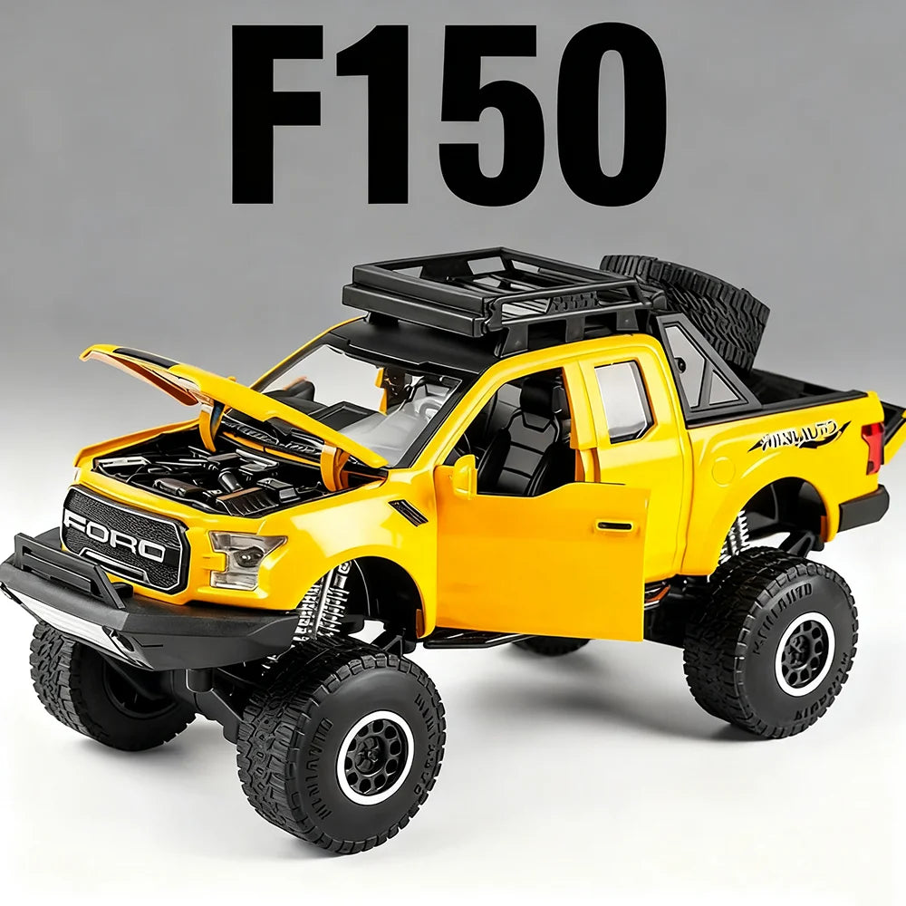 Scale 1/32 Raptor F150 Cars Model Toys Diecast Alloy Pickup Metal Body Rubber Tires with Sound Light Vehicles Toy Gifts for Kids