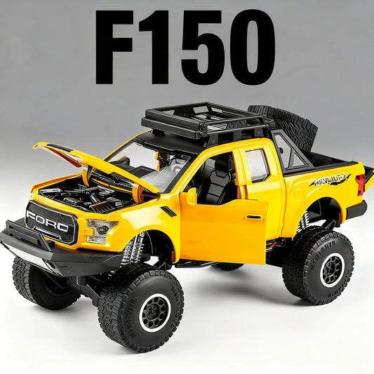 Scale 1/32 Raptor F150 Cars Model Toys Diecast Alloy Pickup Metal Body Rubber Tires with Sound Light Vehicles Toy Gifts for Kids