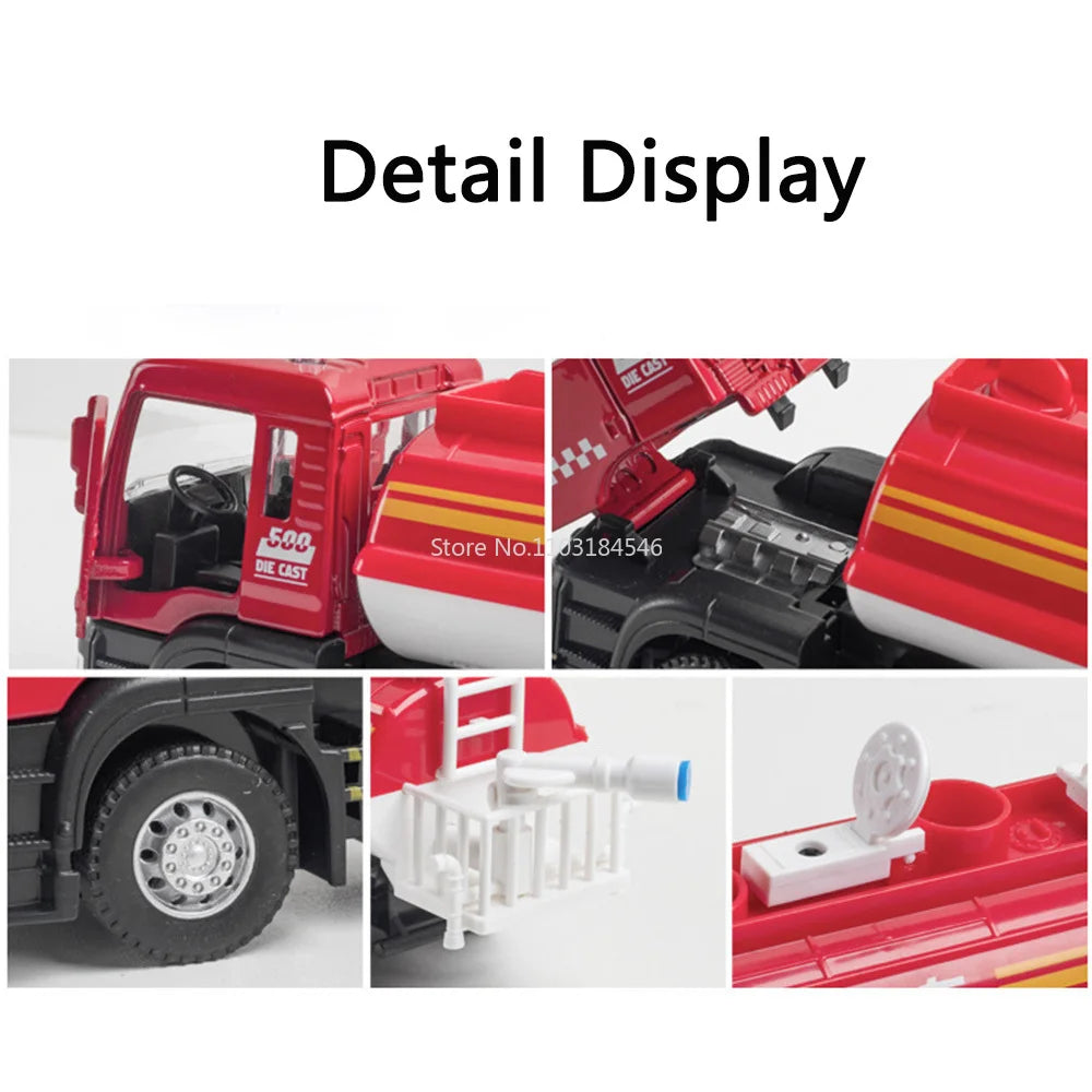 1/50 Sprinkler Truck Model Car Toy Alloy Diecast Engineering Vehicle Rubber Tire Sound Light Pull Back Toy Birthday Gift for Kid