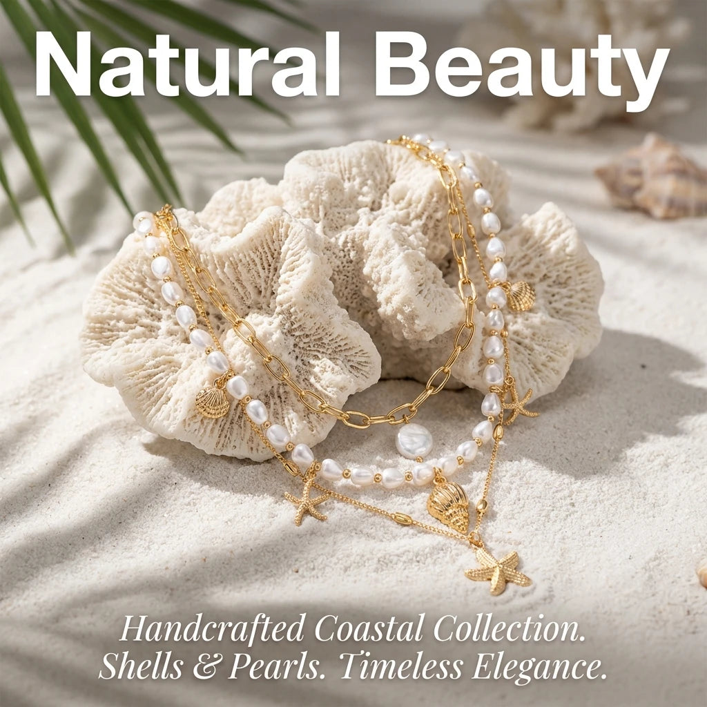 Vacation 3 Layer Starfish Conch Shell Faux Pearl Necklace Summer Beach Ocean Theme Boho Pendant Jewelry For Women