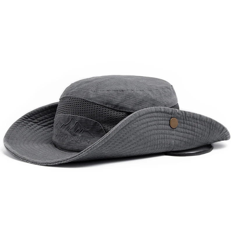 Men Summer Bucket Hat For Outdoor UV Protection Cotton Mesh Cap Panama Jungle Fisherman Hiking Travel Beach With Windproof Rope