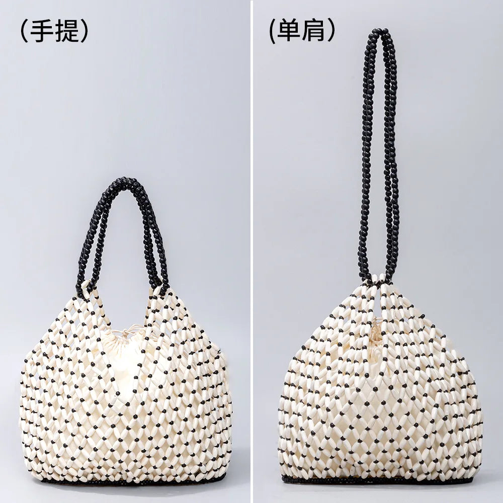 Simple Casual Handwoven Wooden Bead Handheld Women's Shoulder Bags Bucket Bag