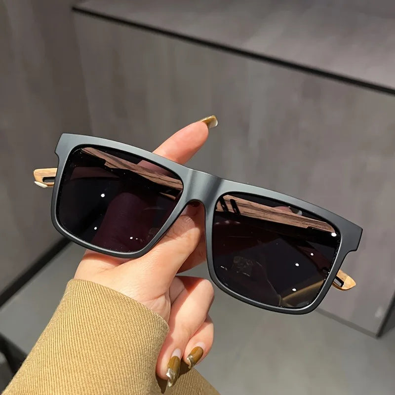 Wood Grain Spring Hinge Sunglasses Classic Retro Square Frame UV400 Unisex Comfort Fit for Daily Casual Wear