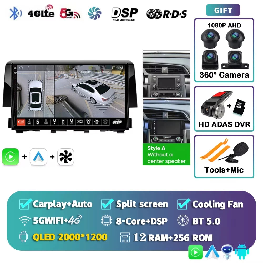 Android 15 Car Radio For Honda Civic 10th 2015 2016 2017 2018 2019 2020 2021 Player Wireless Carplay Android Auto Multimedia 2 D